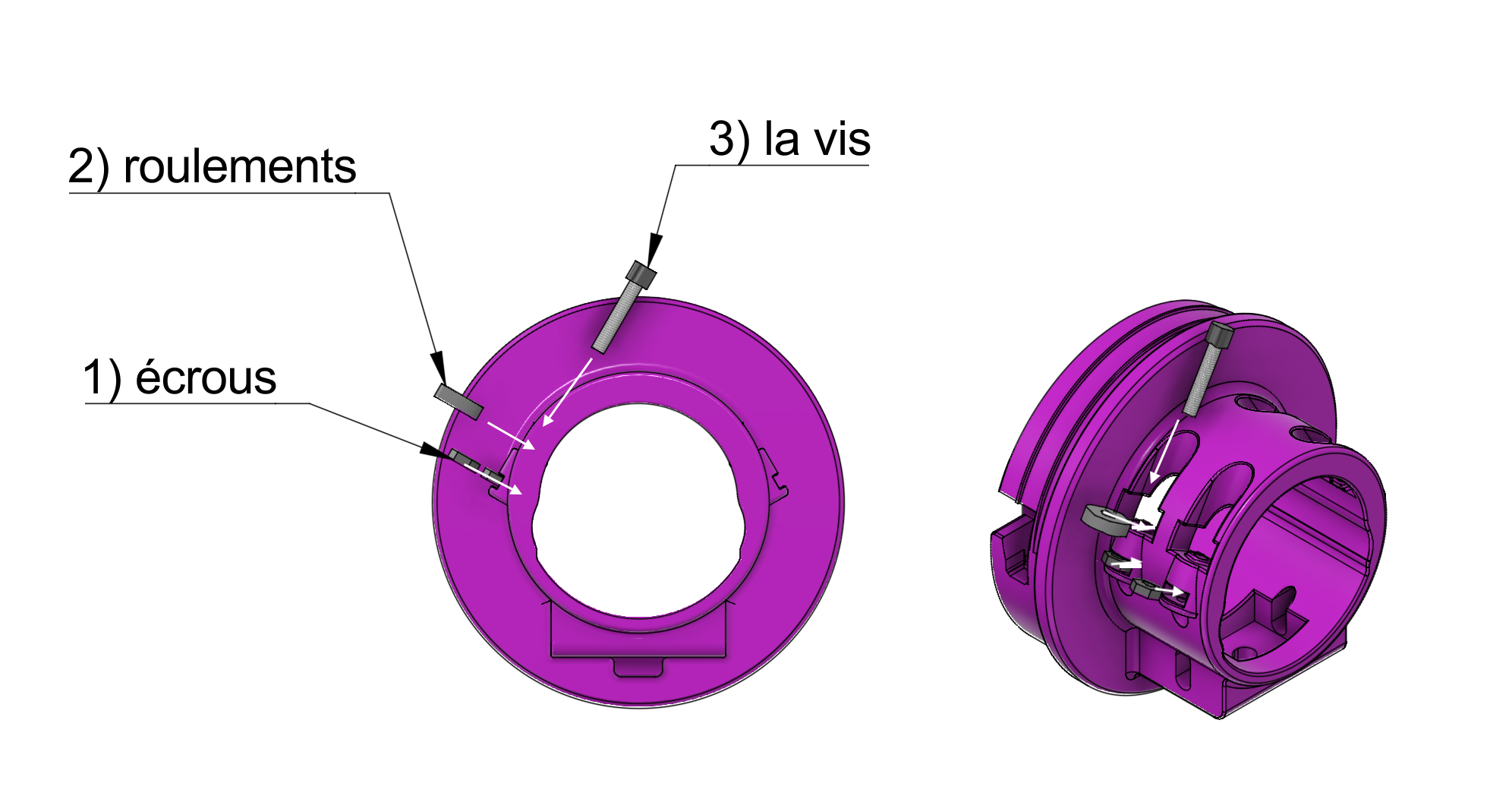 Assemblage des roulements et axe de mise au point - détail