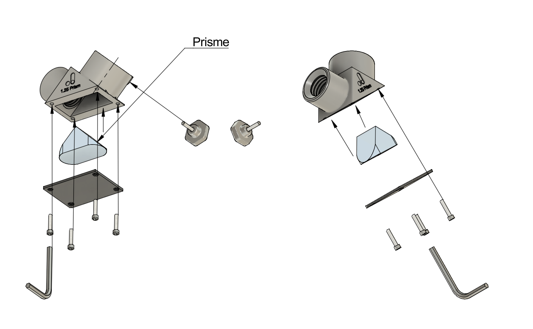 Assemblage du renvoi coudé avec plaque, prisme et châssis